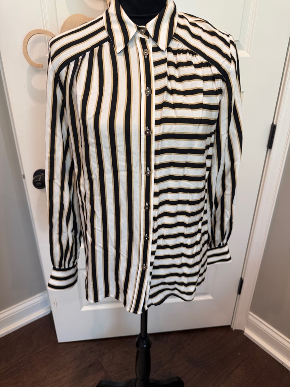 Maeve Black and White Striped Button-Up Blouse
